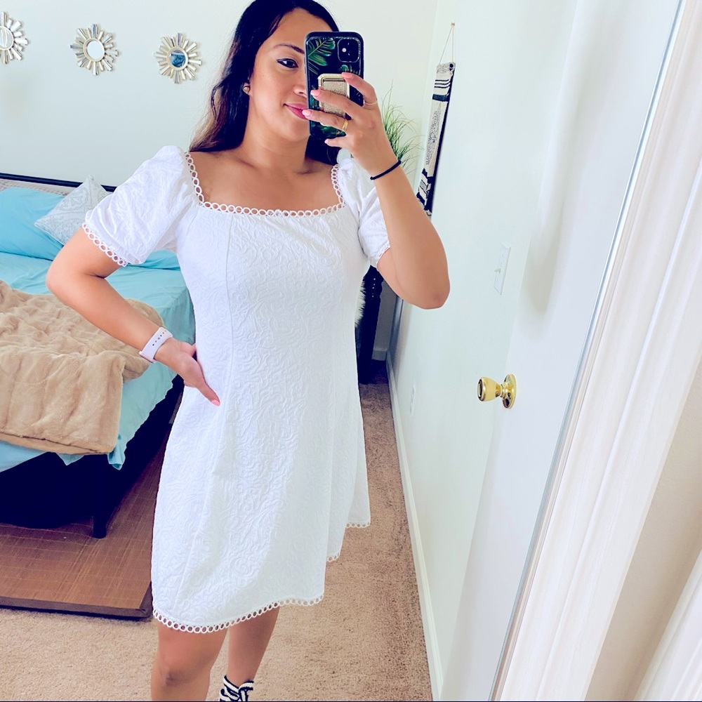 Callia white jacquard lace puff sleeve dress